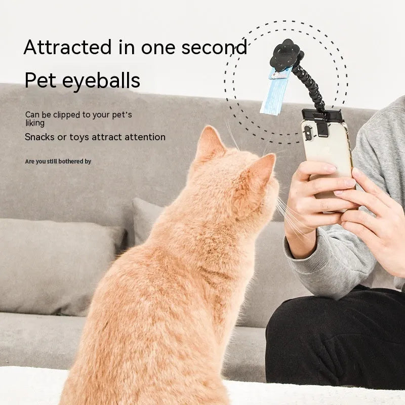 Black pet photography tool with treat clip and phone holder for dog and cat photography