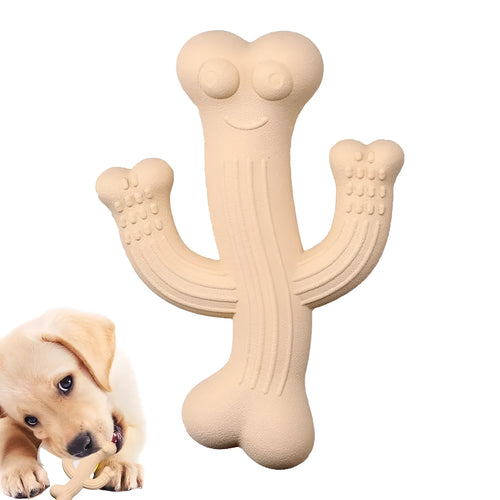 Beige, blue, and purple cactus-shaped dog chew toy made from bamboo fibre and rubber, shown in small and large sizes.