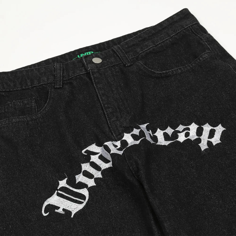 European American Style Letter Embroidered Jeans Straight Trousers Black Cotton Denim Cowboy Fabric No Stretch M L XL 2XL 3XL 4XL
