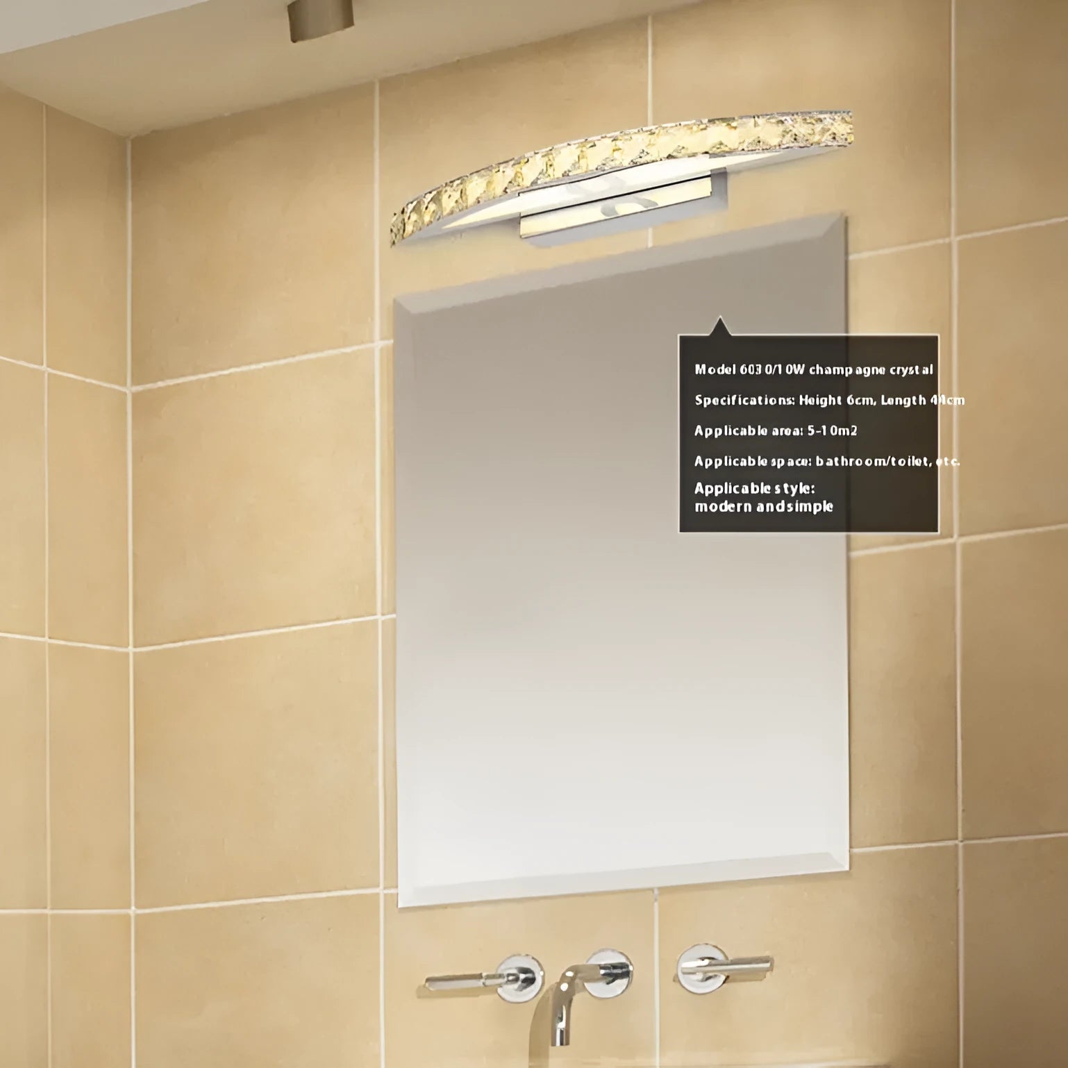LED bathroom wall lamp with crystal mirror headlight, stainless steel hardware, available in 44cm 54cm or 70cm arc length