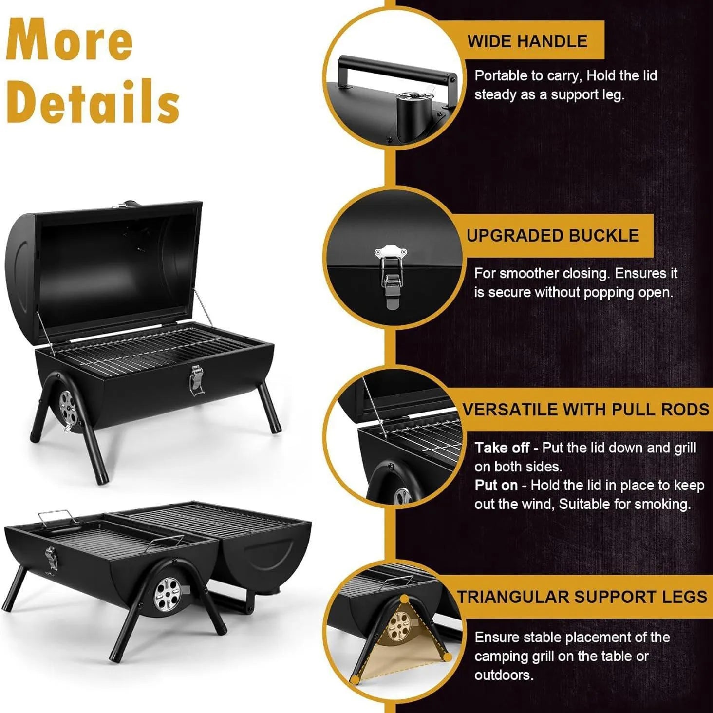 Small black folding desktop charcoal barbecue grill with a metal grill.