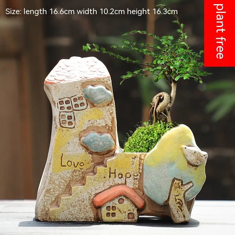 Hand-painted ceramic flowerpot with cute pastoral design for succulent plants