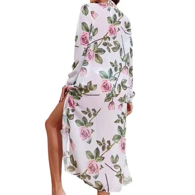 Women's three-piece bikini swimsuit set with printed pattern and coordinating beach cover-up coat