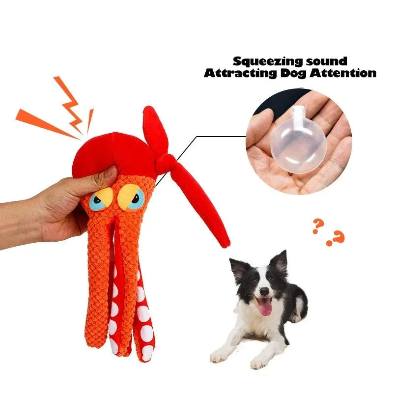 Orange octopus plush dog toy with dental cleaning texture and tentacle design