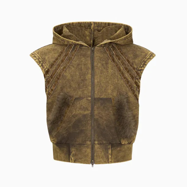 Korean style hooded sleeveless tank top and matching trousers set in washed fabric