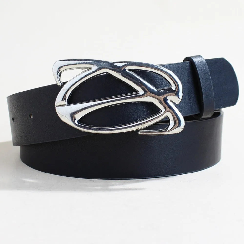 Men's silver buckle casual belt with snap button fastening on PU leather strap
