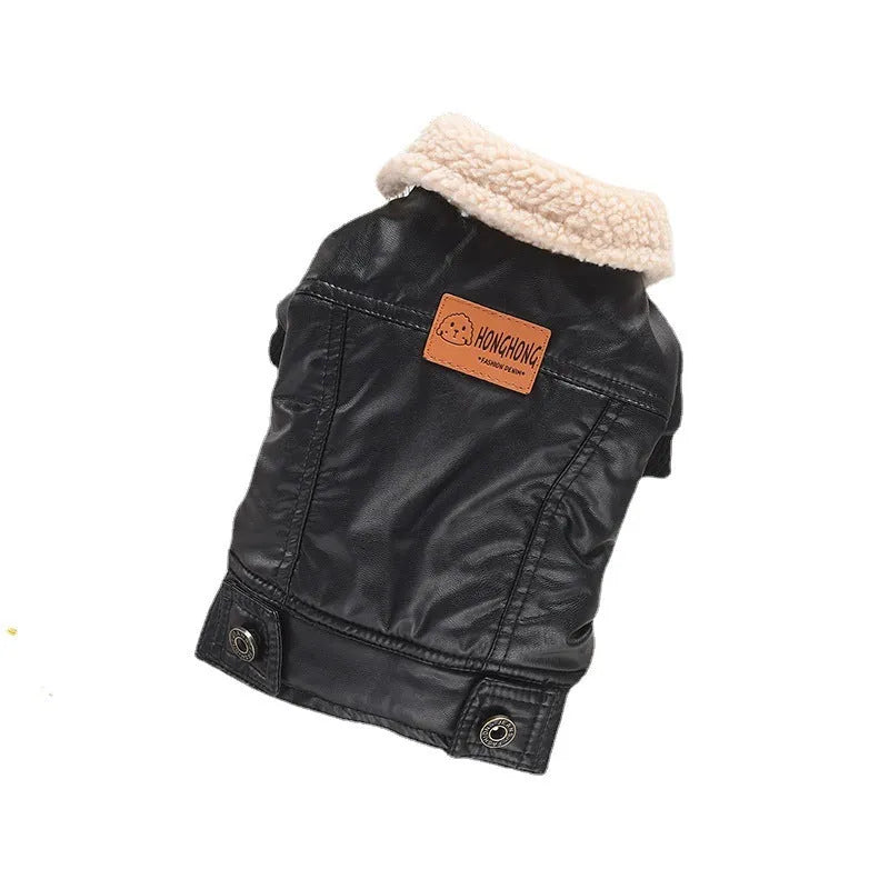 Red British-style PU leather pet coat with fleece lining for cats and dogs