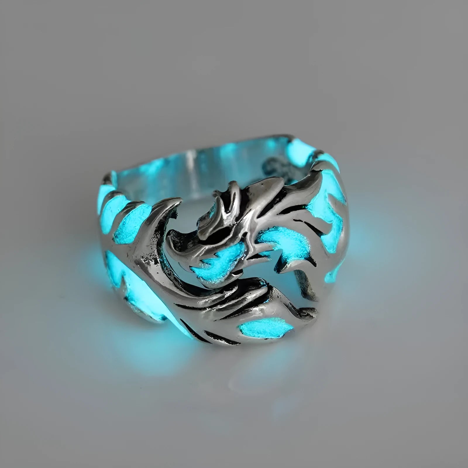Adjustable Chinese dragon pattern ring in archaic silver blue and green with luminous detail