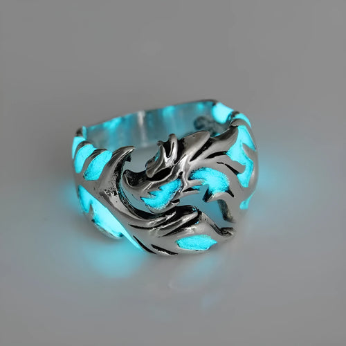Adjustable Chinese dragon pattern ring in archaic silver blue and green with luminous detail