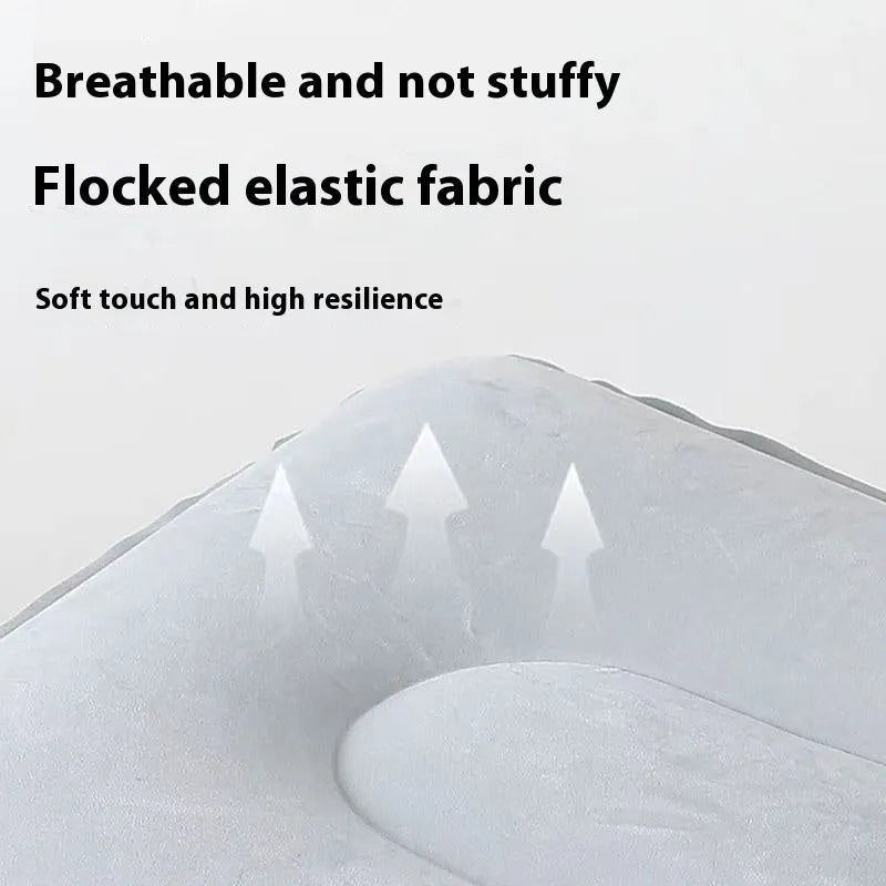 Red portable inflatable seat cushion shown folded and inflated on a wooden bench