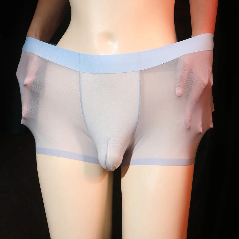Men's ultra-thin transparent ice silk boxer shorts in light grey, shown flat.
