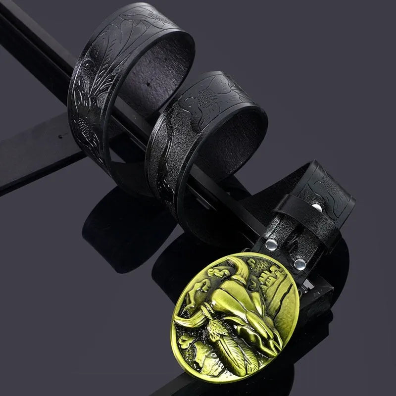 Men's belt with detailed cow head alloy buckle on imitation leather strap with pin buckle fastening