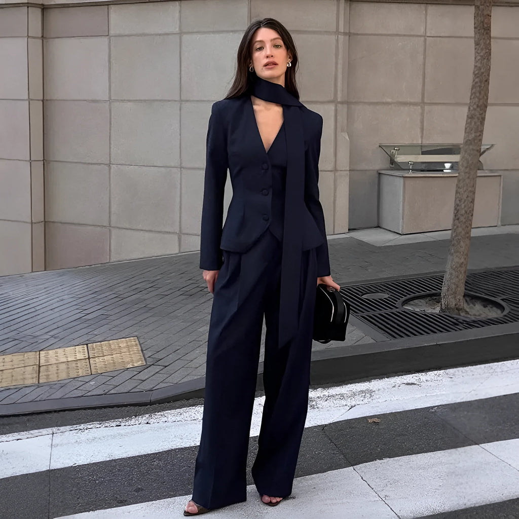 Navy blue women's halter suit set with top and trousers, solid colour polyester fabric, commuter wear