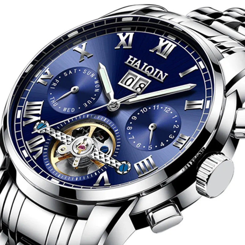 Men's waterproof luminous hollow tourbillon automatic mechanical watch with stainless steel strap and 42mm case
