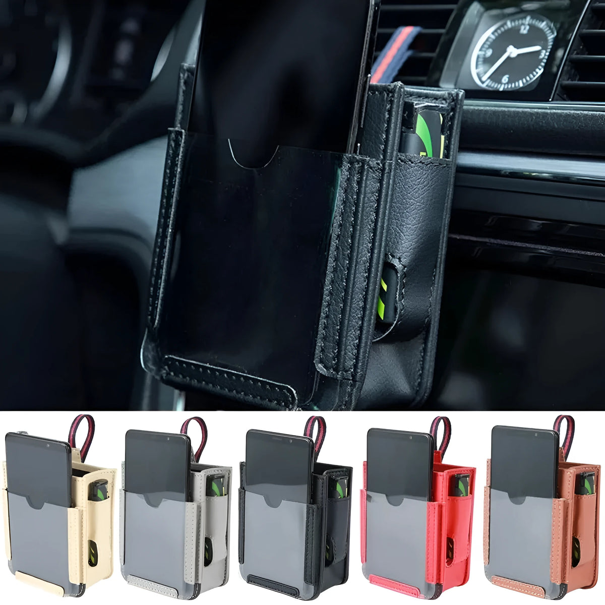 Beige faux leather car air outlet storage bag with clear phone pocket and multiple compartments for glasses, pen, and cords