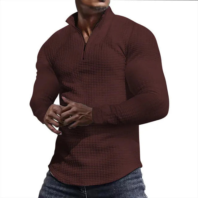 Men's stand collar half zip plaid sweater in polyester, available in multiple colours, front view