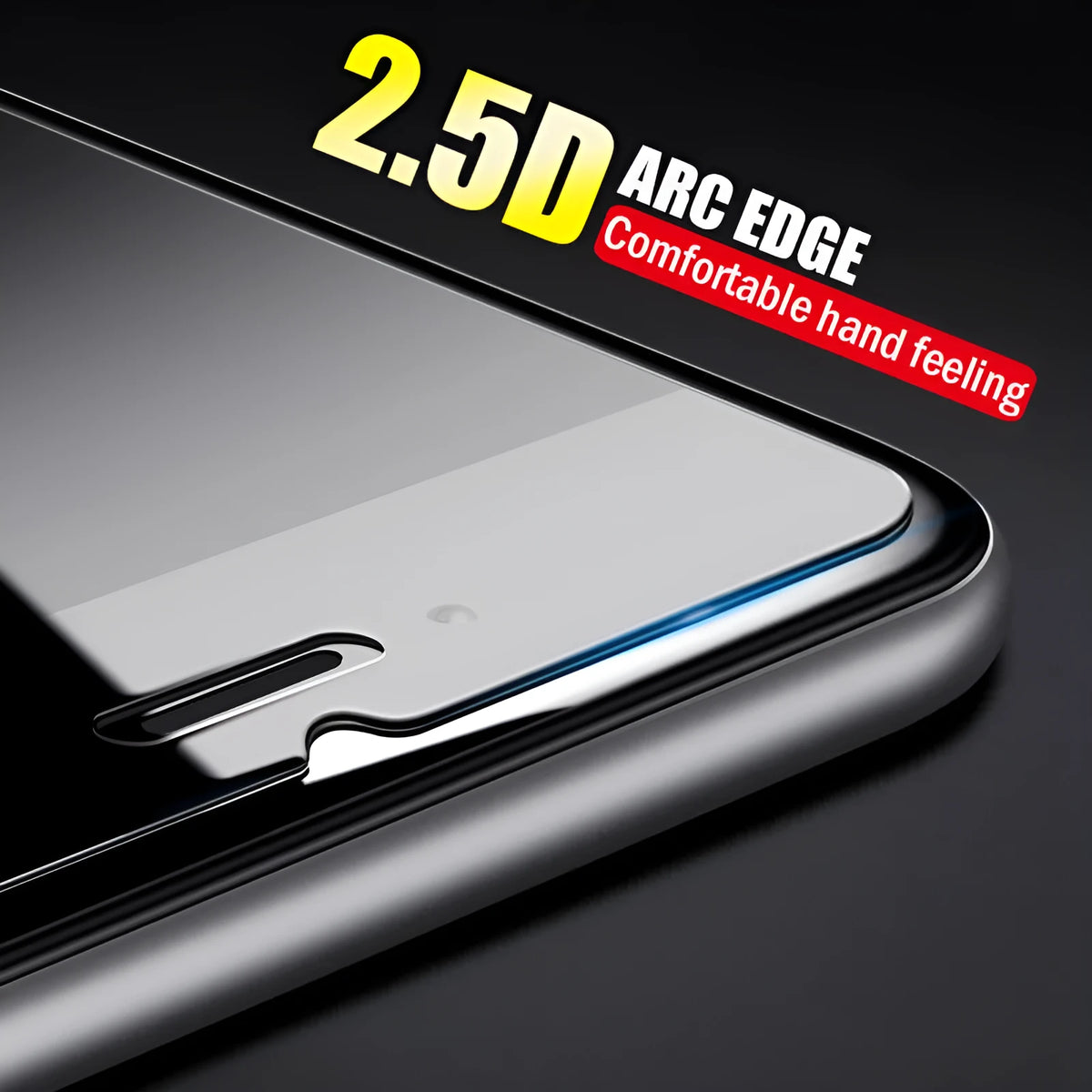 Tempered glass screen protector with 0.26mm arc edge for iPhone, showing film aligned over phone screen