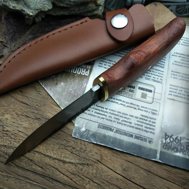 Outdoor survival knife with brown mahogany handle and 8cm stainless steel blade on wooden surface