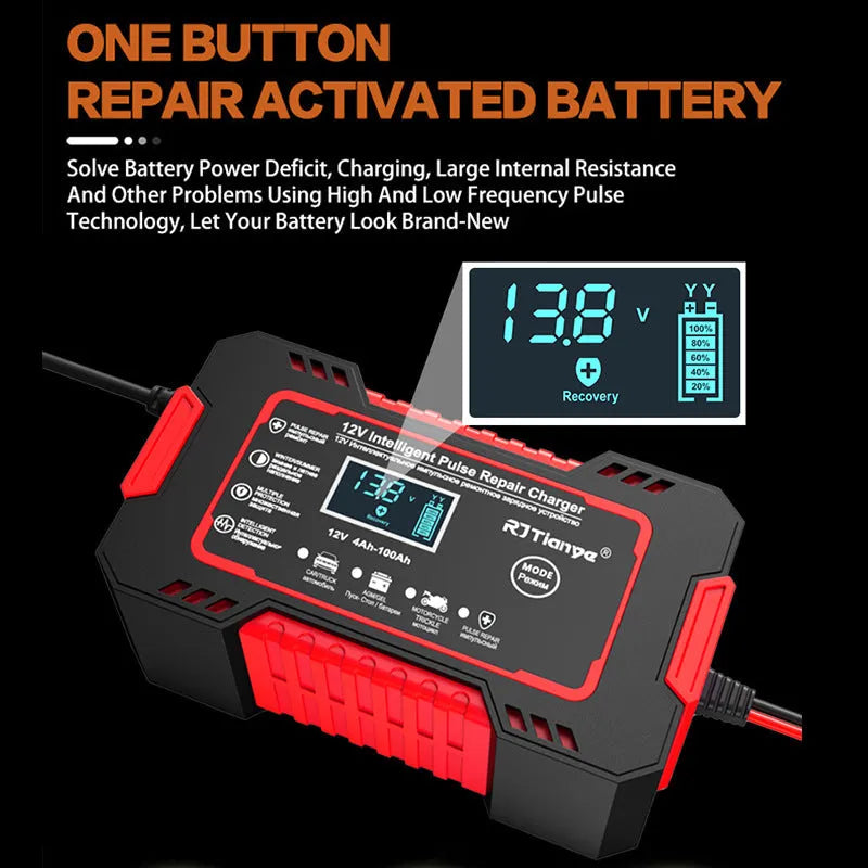 Red US standard car battery charger for lead acid batteries with reverse connection protection and LED display, 213x110x64mm