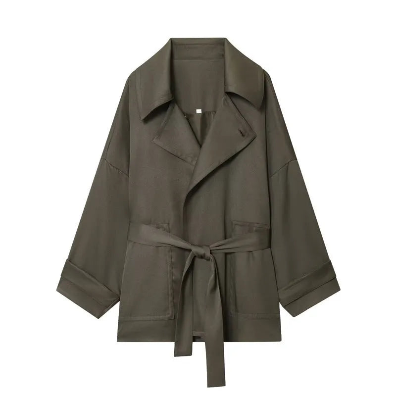 Women's belt coat and pleated trousers set in solid colour, polyester blend, long sleeves, button front