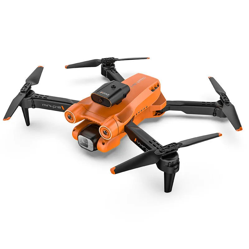 Black and orange remote-controlled quadcopter drone with camera shown folded and unfolded.