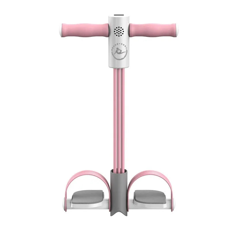 Blue portable intelligent foot pedal pull device for home fitness on a wooden floor.