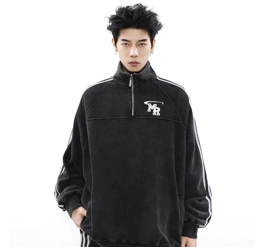 Black Hong Kong style hoodie with stand collar and long sleeves for casual sports wear