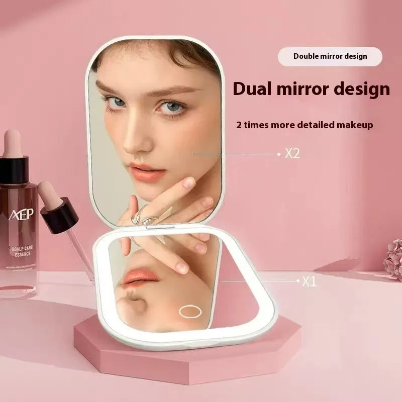 Ultra-thin foldable cosmetic mirror with tricolour light, 10.4x7.5cm HD glass lens, white or pink ABS frame