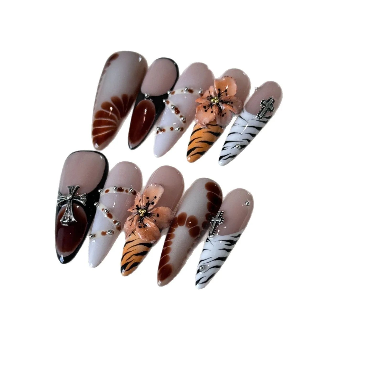 Leopard print false nails with cross and flower patterns in French style, shown in sizes XS S M L.