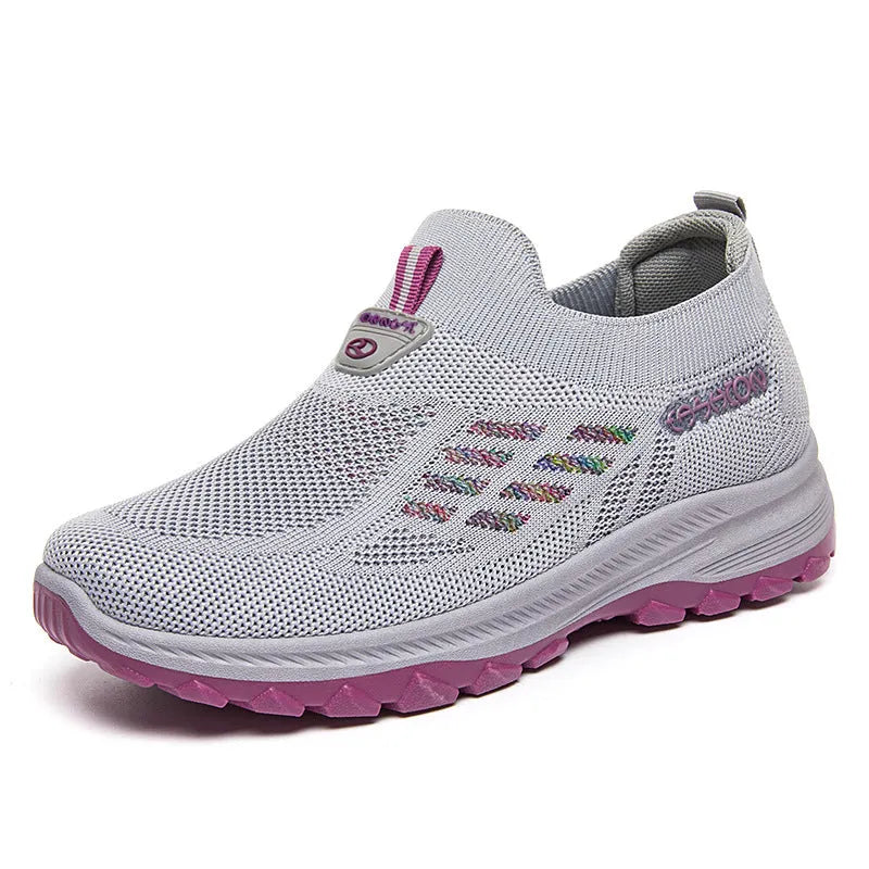 Women's casual slip-on Flyknit shoes flat heel round toe PVC sole available in black red gray purple