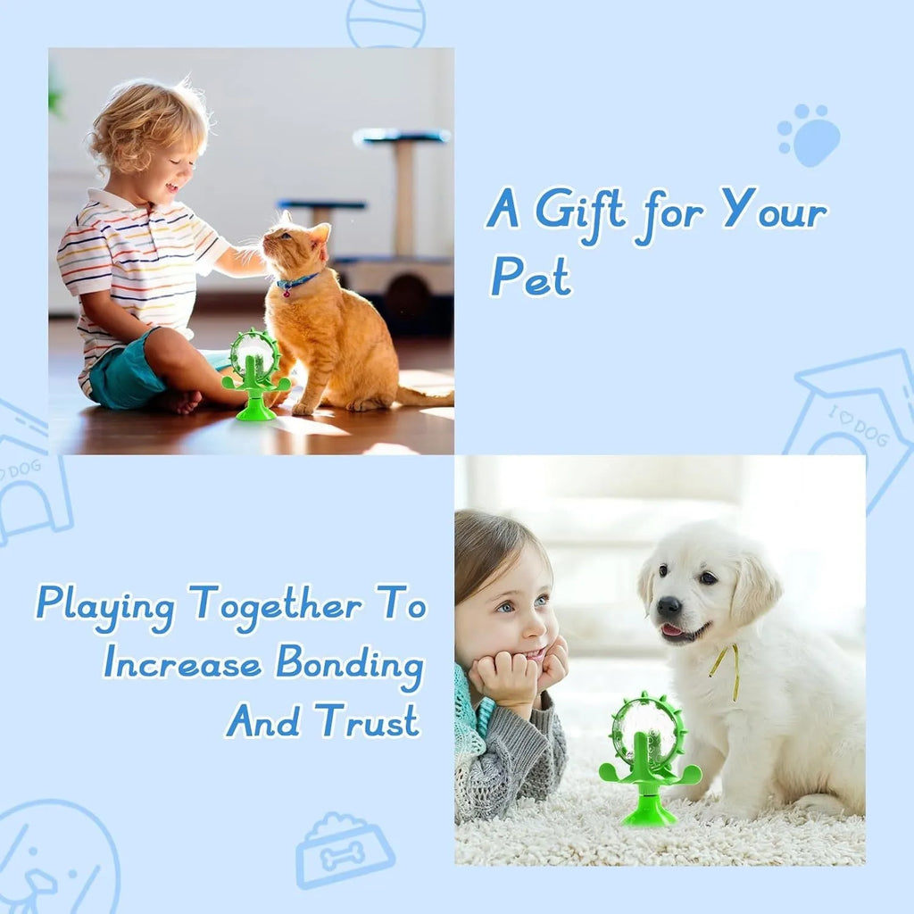 Interactive pet puzzle feeder toy with rotating food dispenser and sucker base in multiple colours