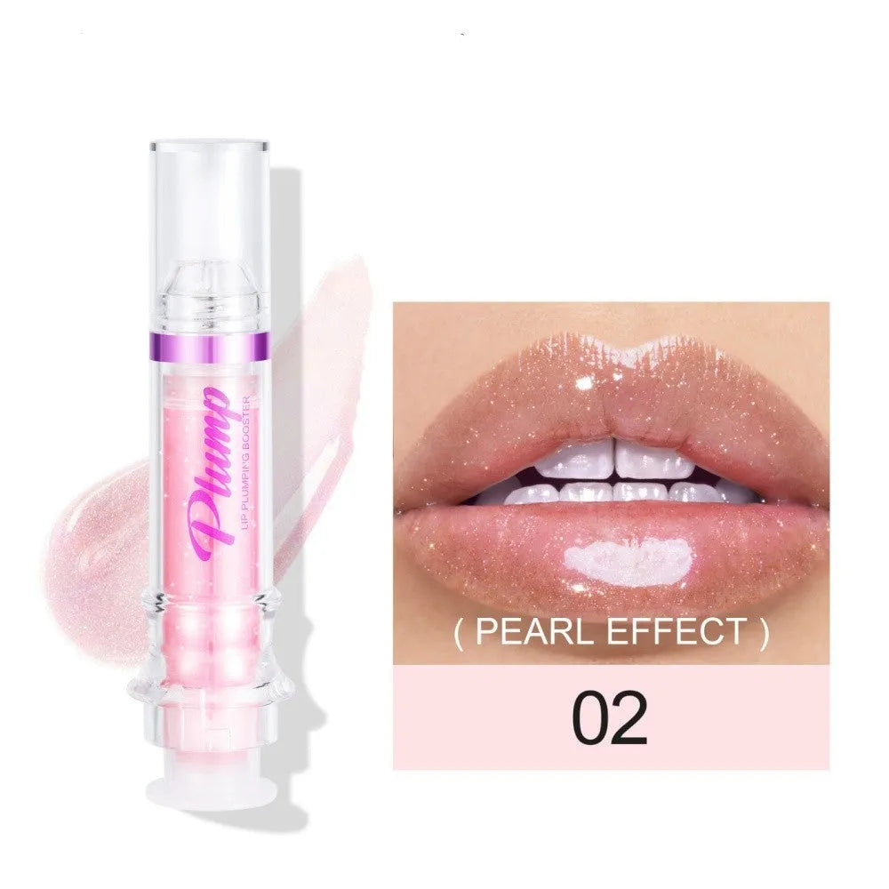 Tube of lip gloss showing shiny finish, available in six different colour shades.