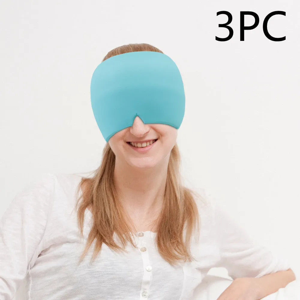 Black reusable ice gel headache relief eye mask on a white background.
