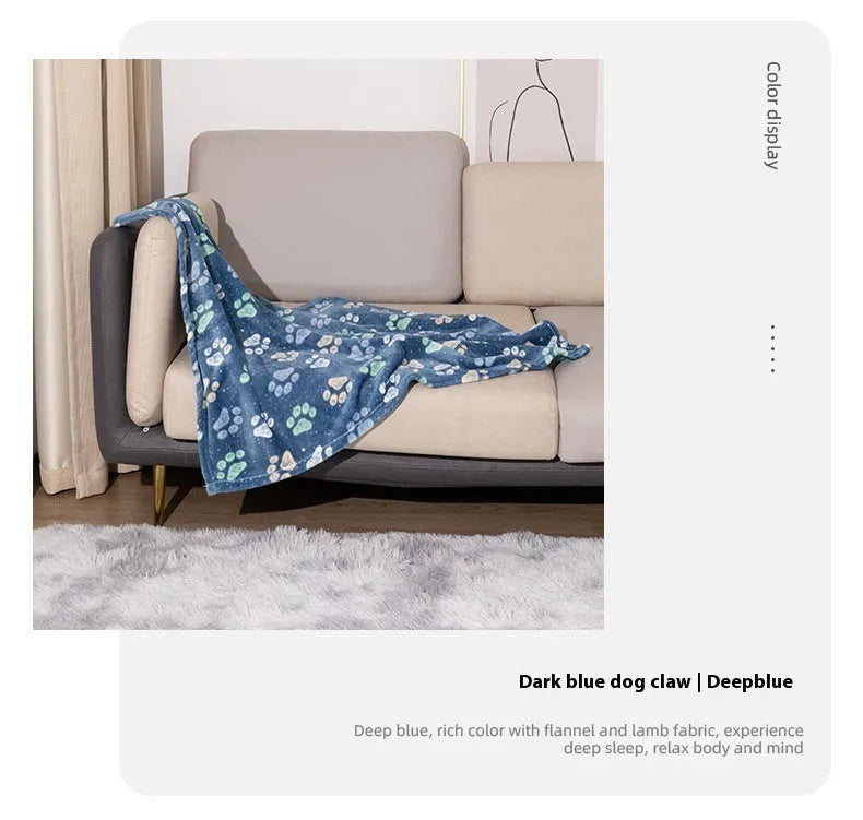 Blue Dog pattern double-sided flannel pet blanket folded to show size and cartoon design.
