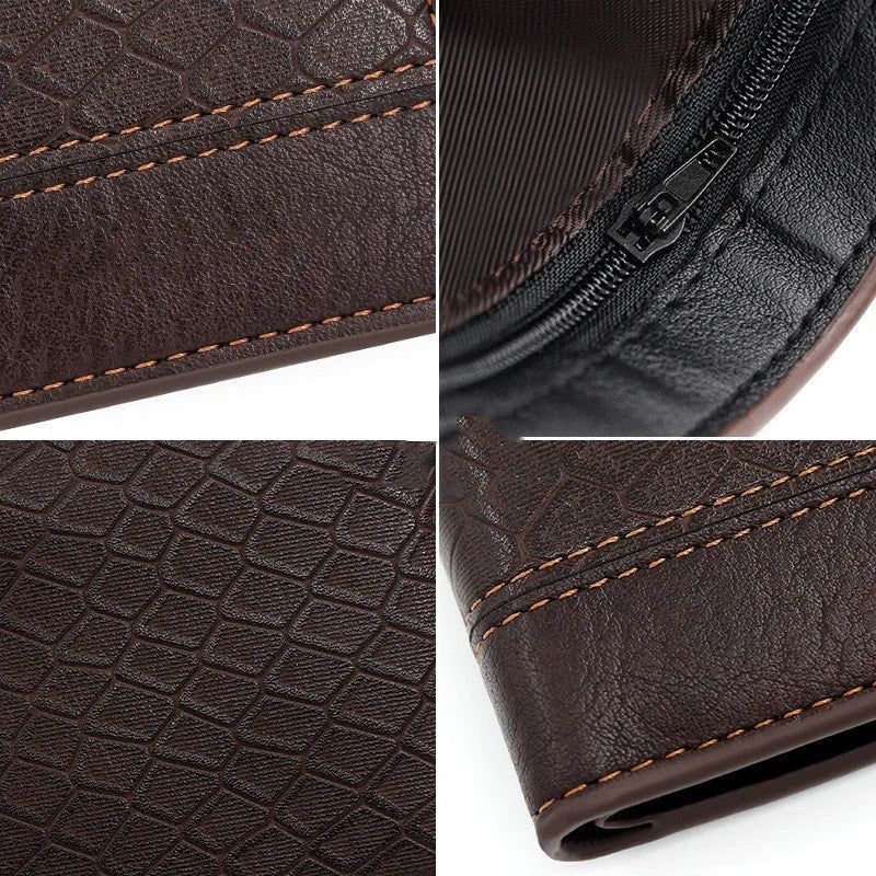 Men's PU leather embossed snake pattern wallet in earth brown with multiple card slots and coin pocket