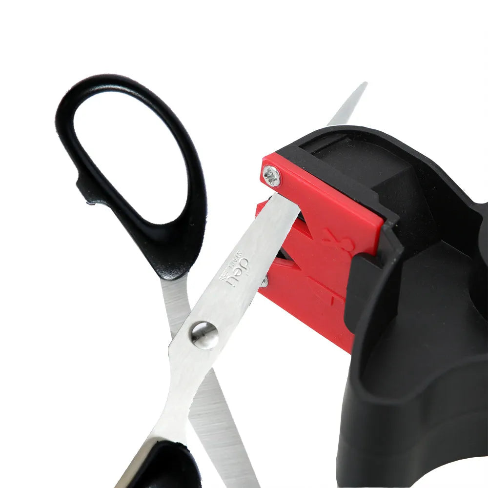 Black handheld knife and scissor sharpener tool with ergonomic handle and tungsten steel blade