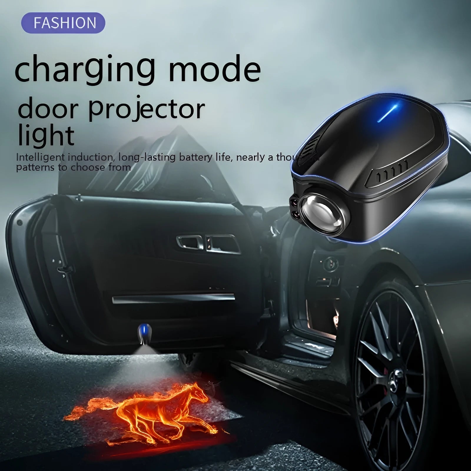 F2 rechargeable wireless car welcome light in black ABS plastic housing