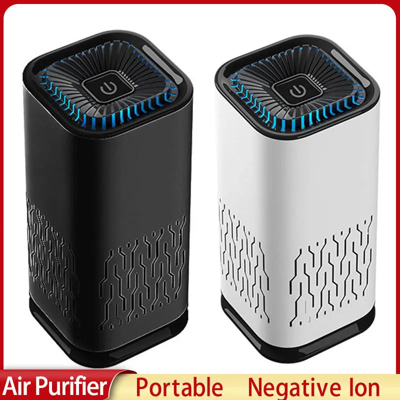 Portable car air purifier with double air inlets, black colour, 60x60x130mm size
