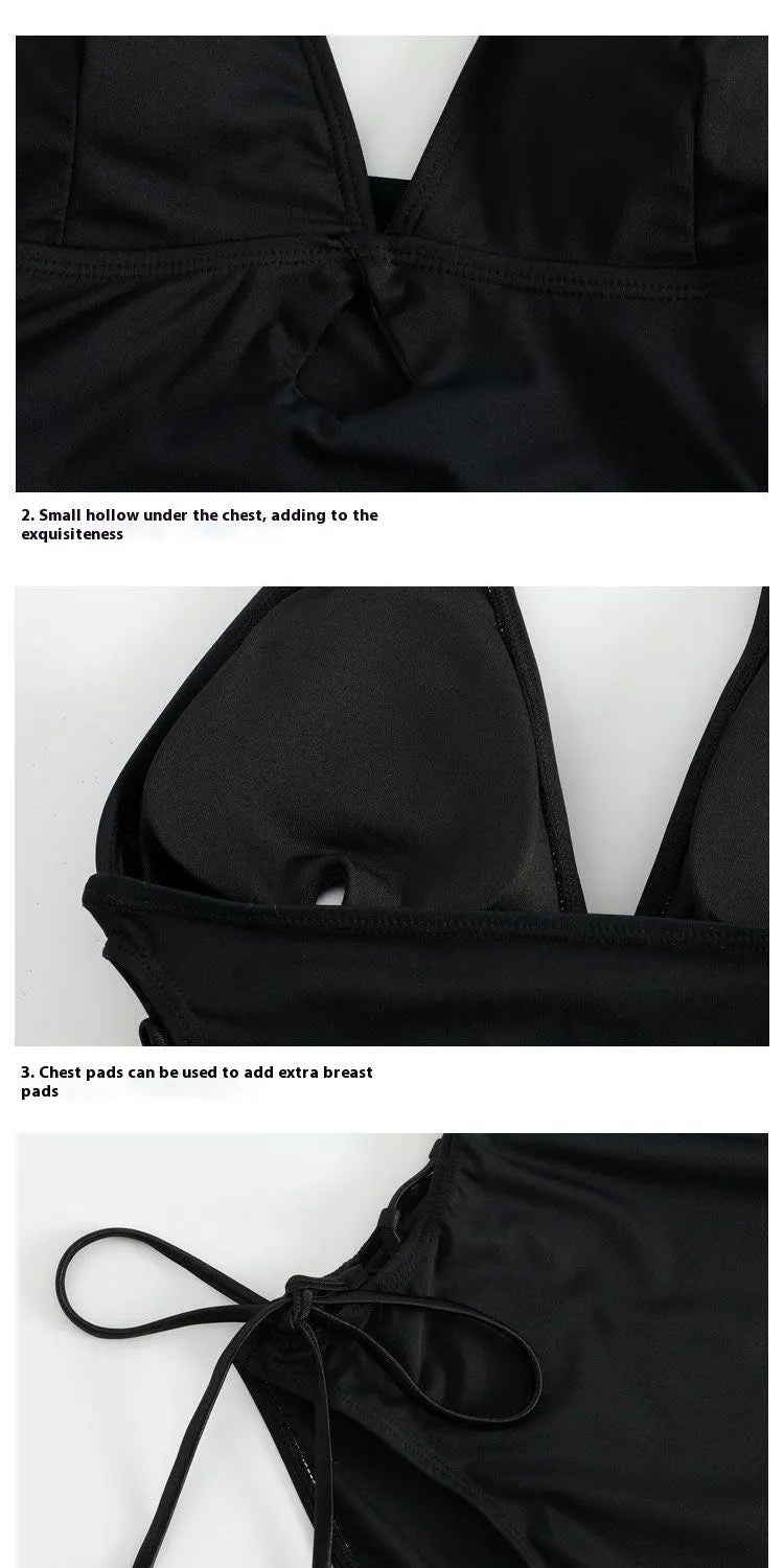 Black women's one-piece swimsuit with V-neckline and hollow strap design on mannequin