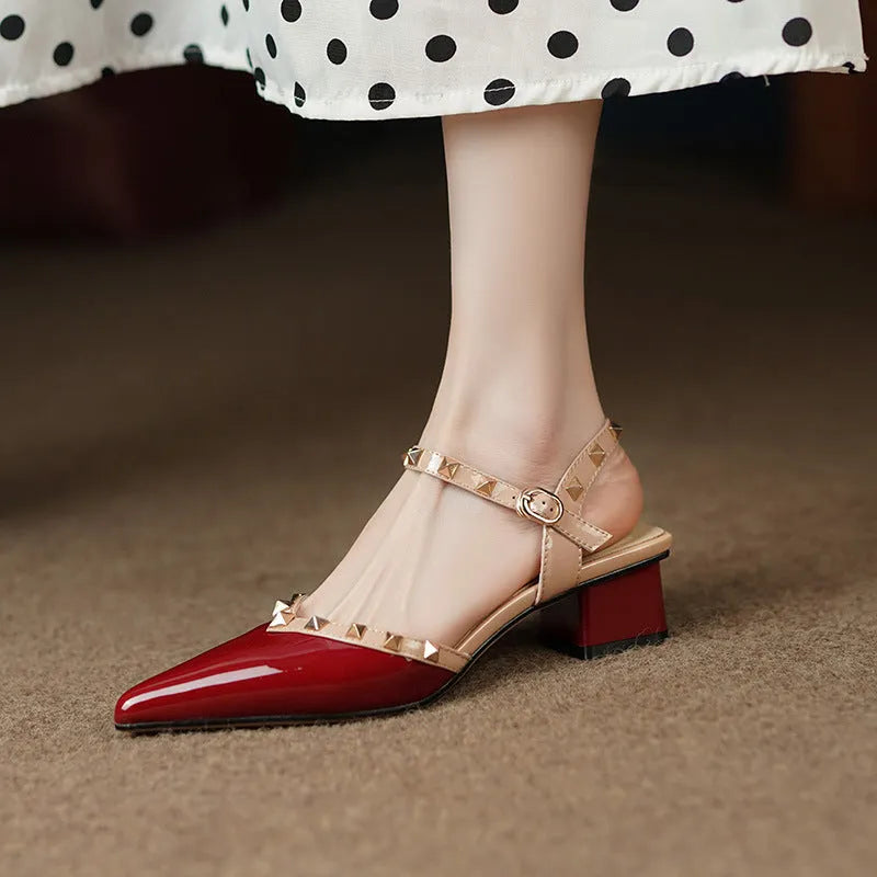 Women's fashion pointed mid heel patent leather shoes with ankle strap buckle in wine red, black, and white