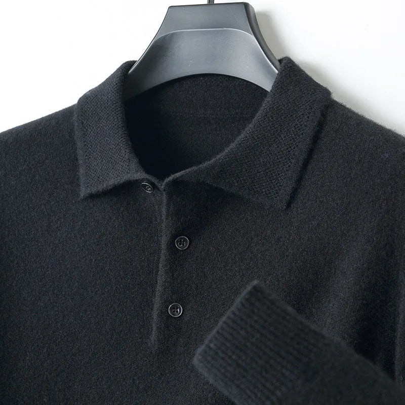 Men's grey wool pullover sweater with a polo collar and long sleeves on a hanger.