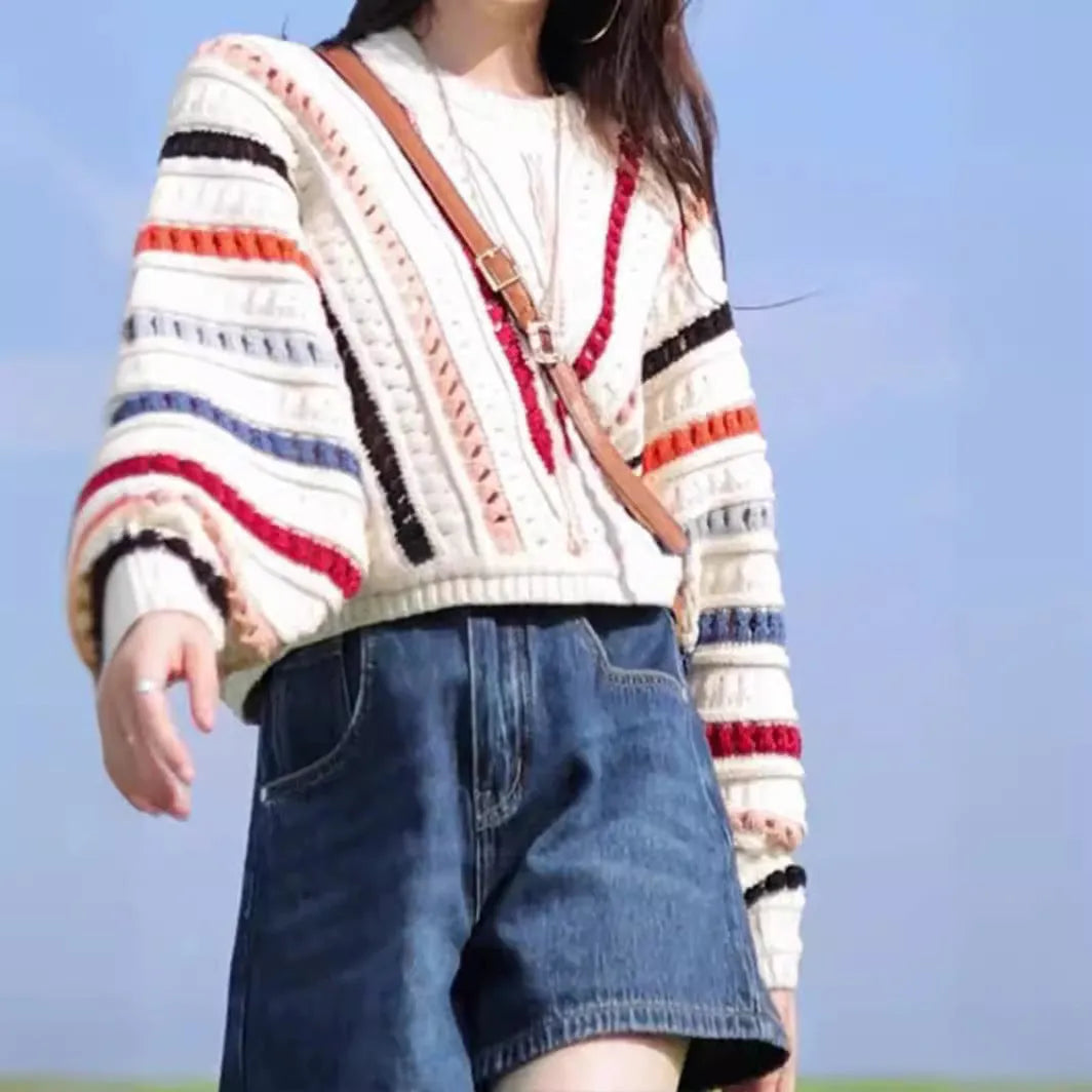 Rainbow striped loose fit sweater with batwing sleeves and round neck in retro colours