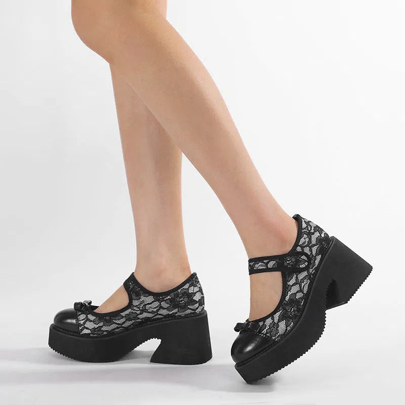 Black waterproof platform Mary Jane shoes with chunky heel, mesh upper, lace floral pattern, Velcro straps, round toe