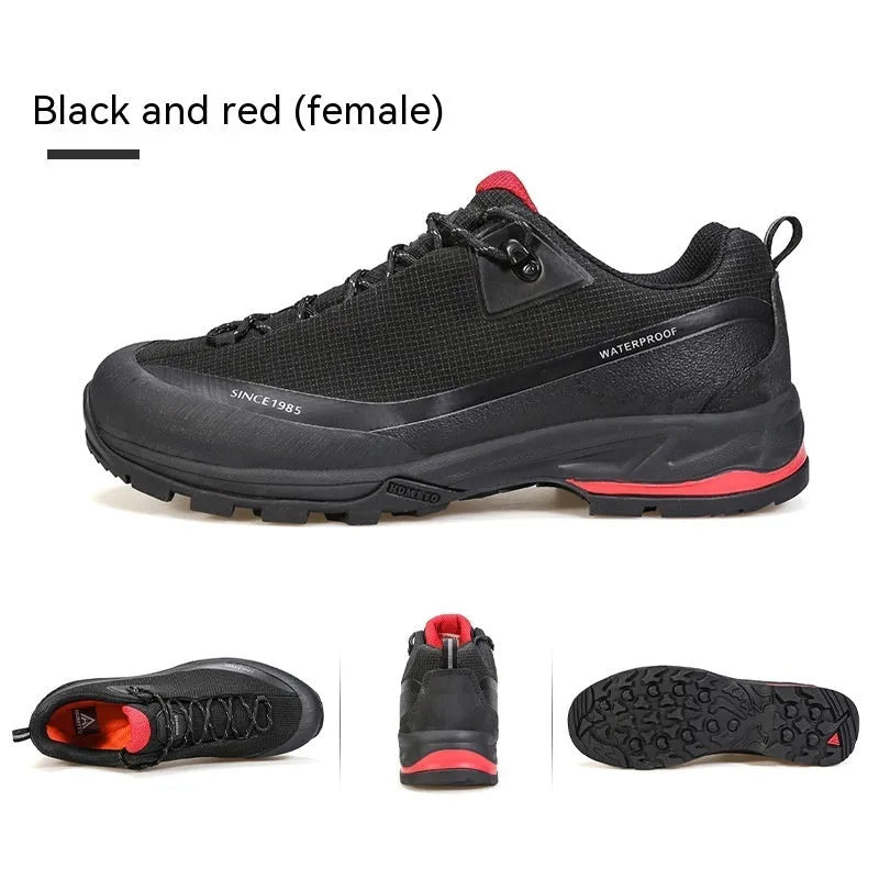 Men's low-top hiking shoes with leather mesh upper and round toe design