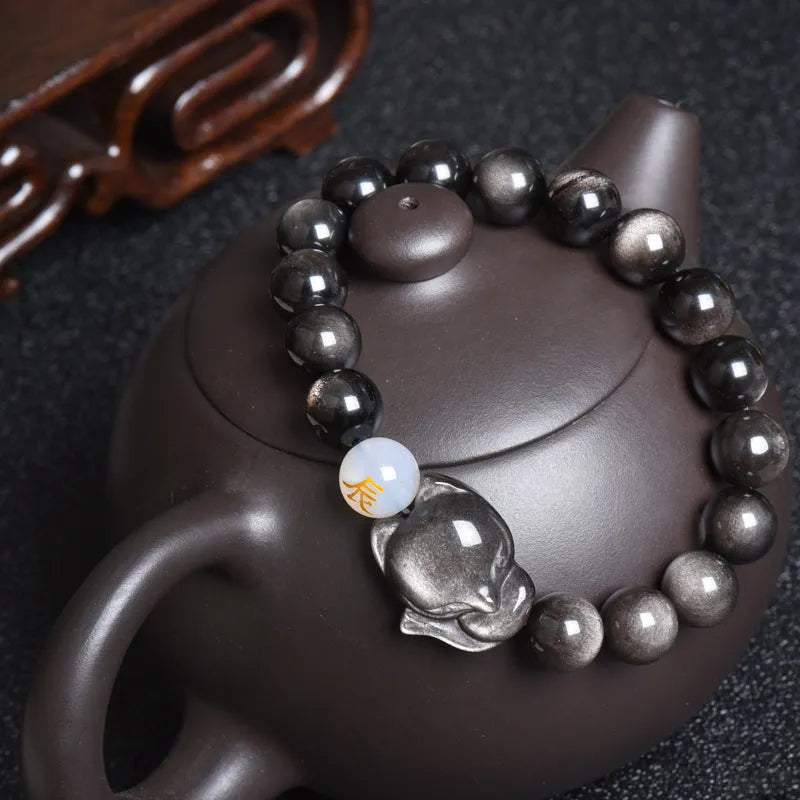 10mm obsidian bracelet with zodiac guardian charm in three style variations