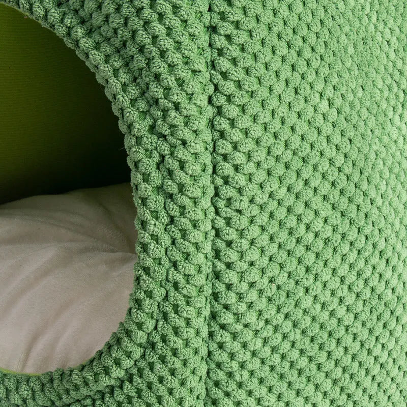 Dark green cactus-themed enclosed pet bed with removable cushion for cats and small dogs