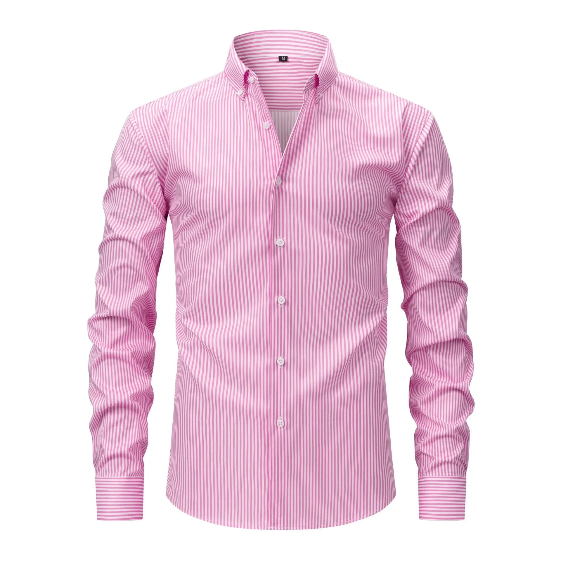 Man wearing a striped long-sleeved business casual shirt with a lapel collar.