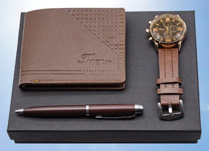Creative holiday gift set containing wallet, pen and watch in gift box, available in black or brown