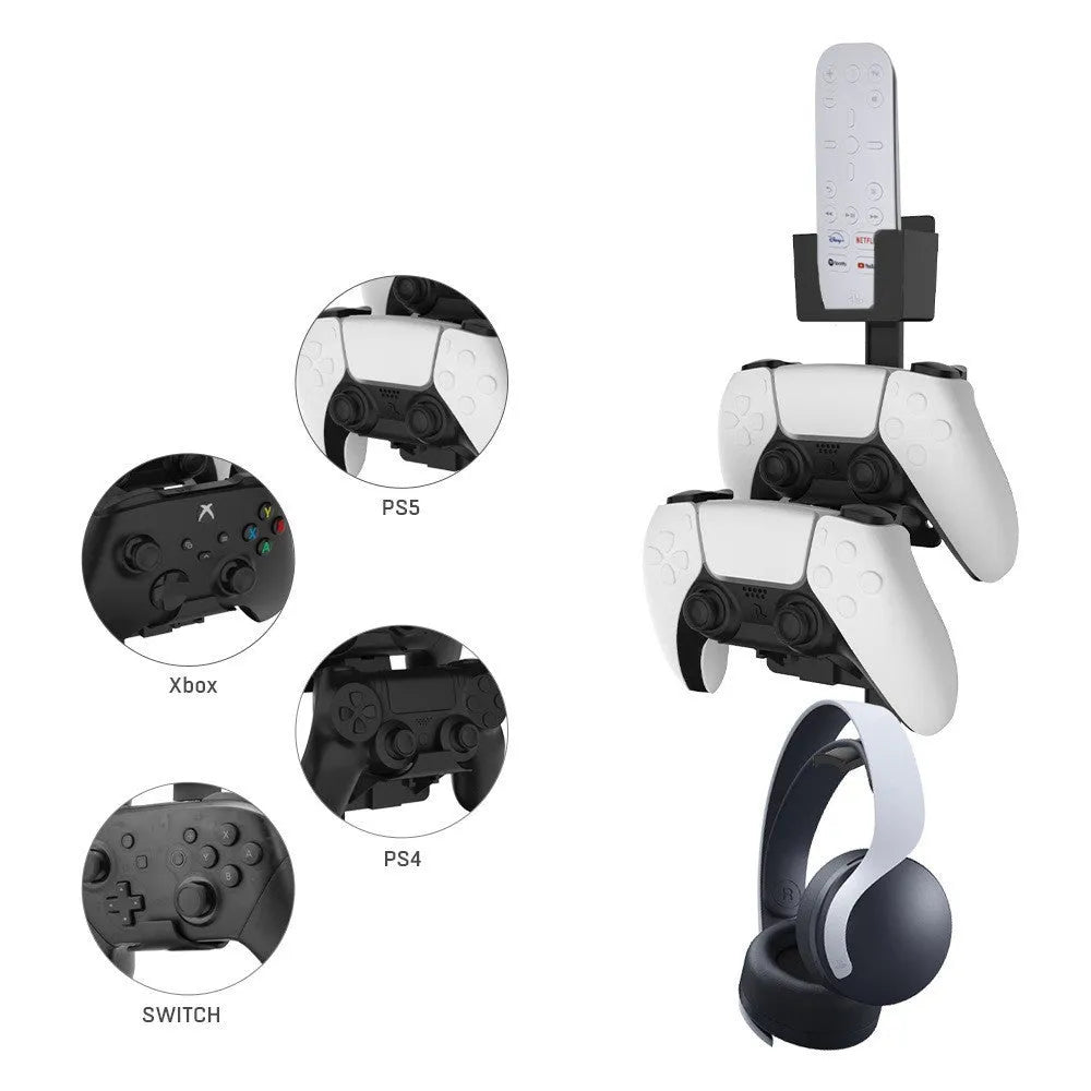 Wall-mounted gaming controller storage hook in black holding PlayStation and Xbox controllers