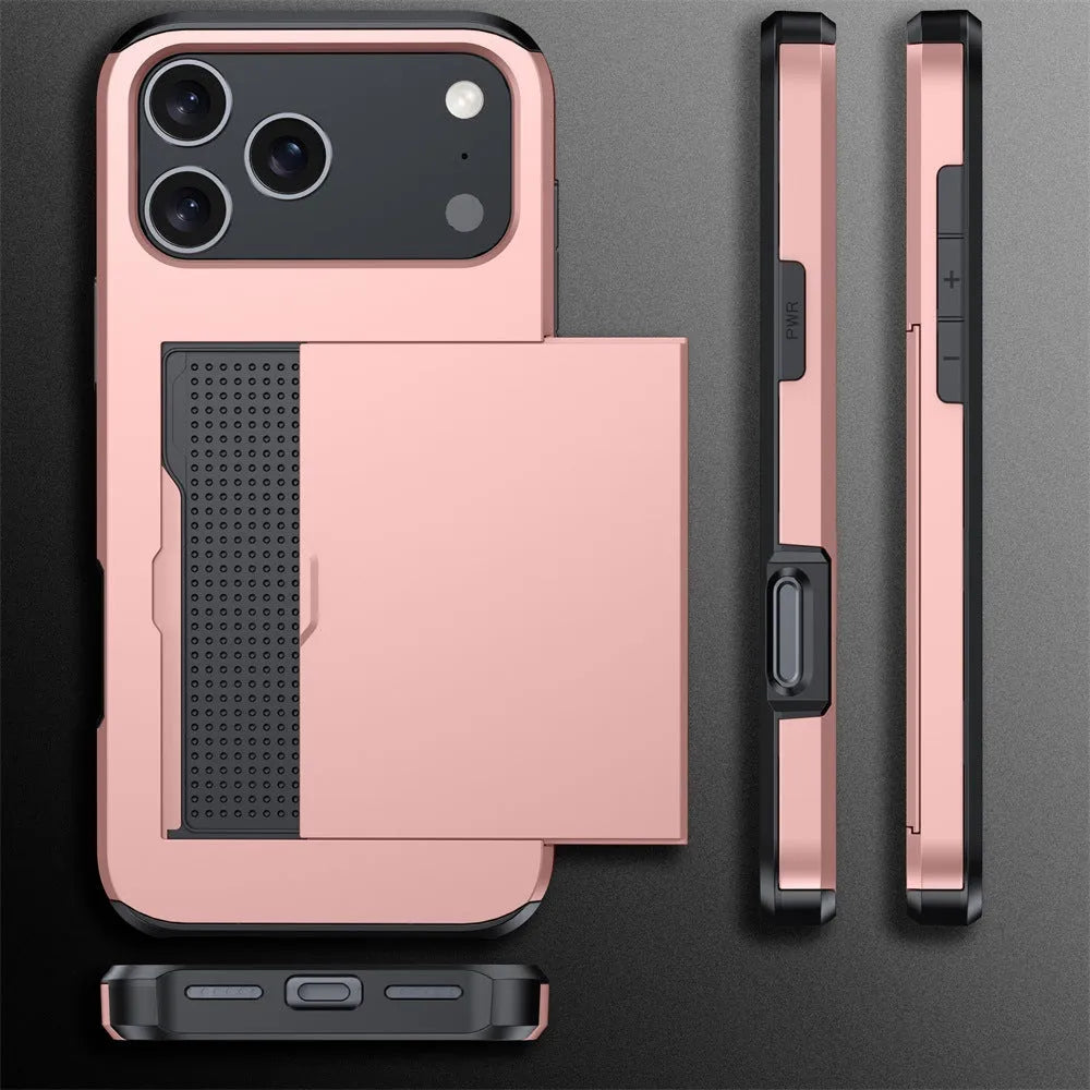 iPhone case with a sliding card cover open, shown in Army Green colour on a table.